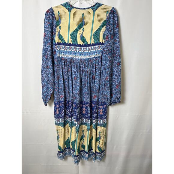 R.Vivimos Women Long Sleeve Floral Print V Neck Tassel Bohemian Midi Dress S 4/6 - Picture 2 of 5